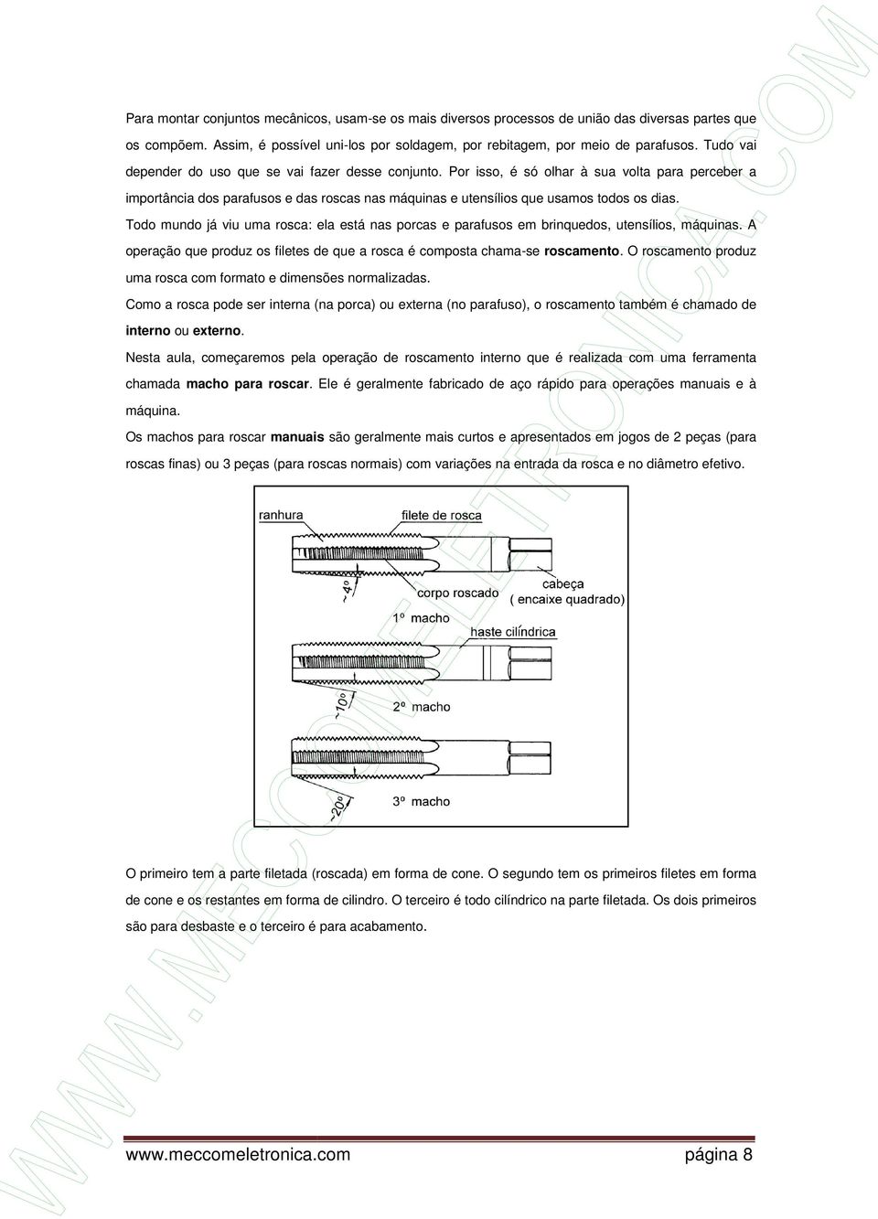 Todo mundo já viu uma rosca: ela está nas porcas e parafusos em brinquedos, utensílios, máquinas. A operação que produz os filetes de que a rosca é composta chama-se roscamento.