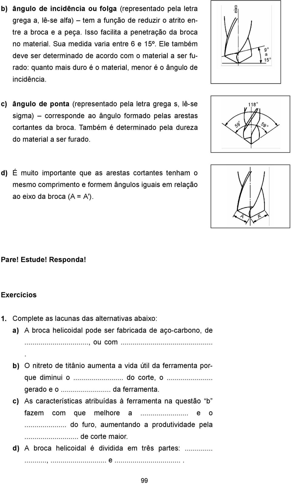 c) ângulo de ponta (representado pela letra grega s, lê-se sigma) corresponde ao ângulo formado pelas arestas cortantes da broca. Também é determinado pela dureza do material a ser furado.