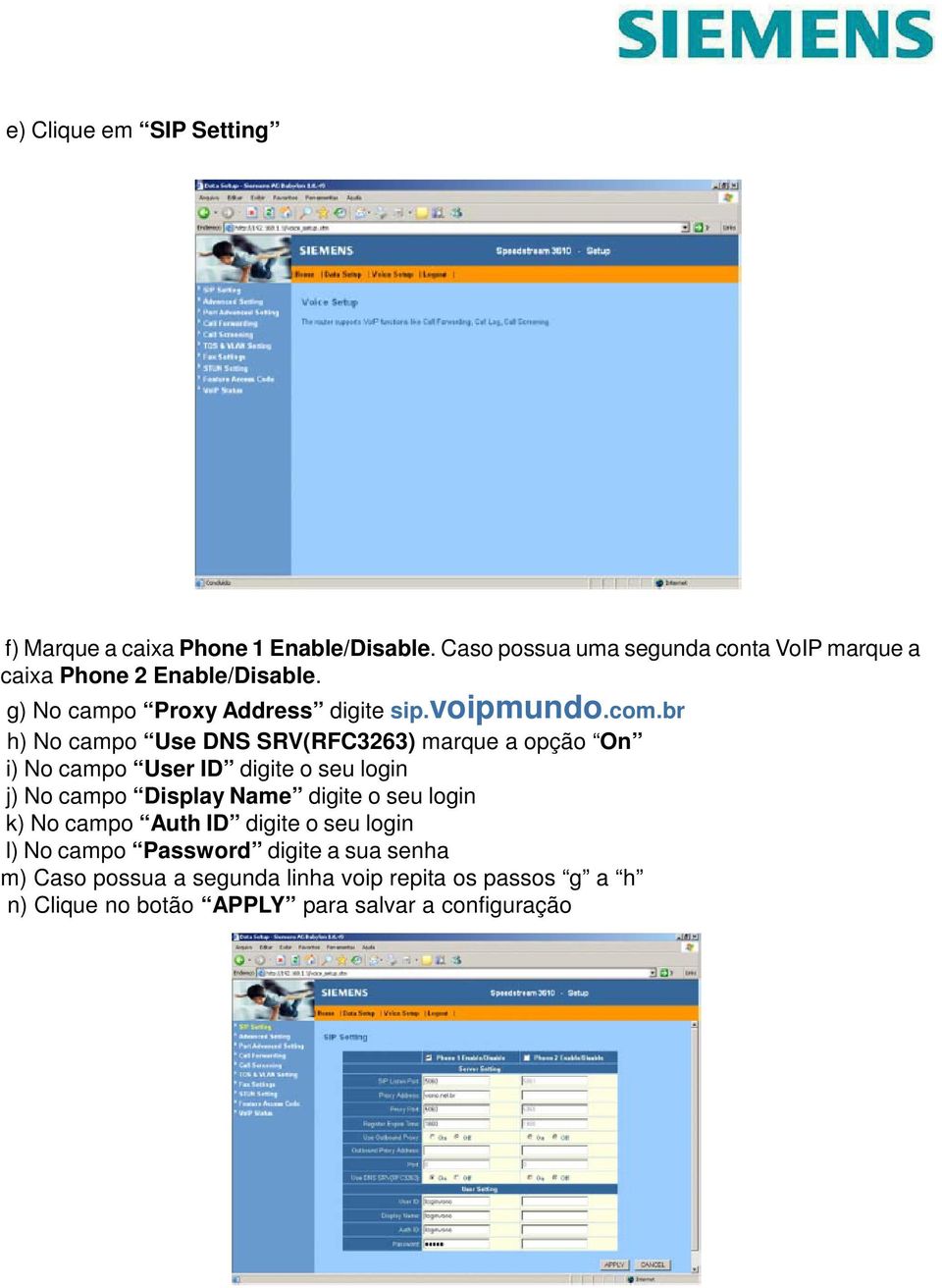 br h) No campo Use DNS SRV(RFC3263) marque a opção On i) No campo User ID digite o seu login j) No campo Display Name digite o