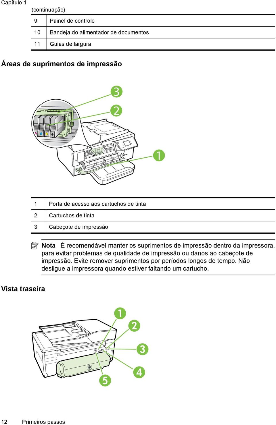 impressão dentro da impressora, para evitar problemas de qualidade de impressão ou danos ao cabeçote de impressão.