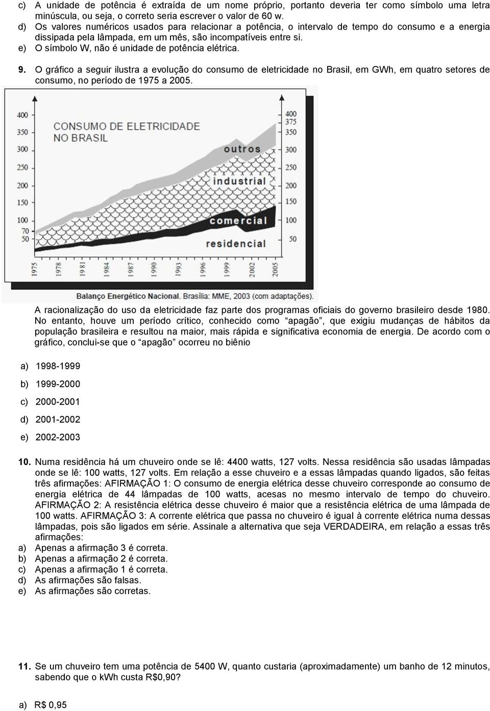 e) O símbolo W, não é unidade de potência elétrica. 9. O gráfico a seguir ilustra a evolução do consumo de eletricidade no Brasil, em GWh, em quatro setores de consumo, no período de 1975 a 2005.