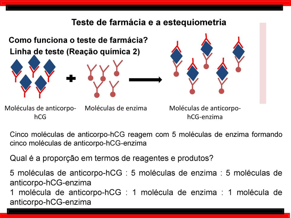 anticorpo-hcg reagem com 5 moléculas de enzima formando cinco moléculas de anticorpo-hcg-enzima Qual é a proporção em termos de