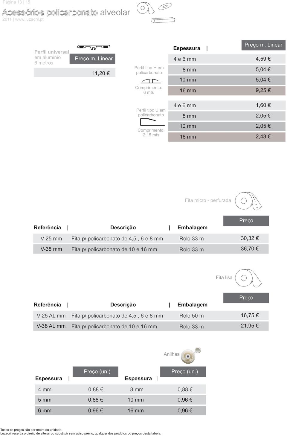 Embalagem Preço V-2 Fita p/ policarbonato de 4,5, 6 e Rolo 33 m 30,32 V-3 Fita p/ policarbonato de 10 e 1 Rolo 33 m 36,70 Fita lisa Referência Descrição Embalagem Preço V-25