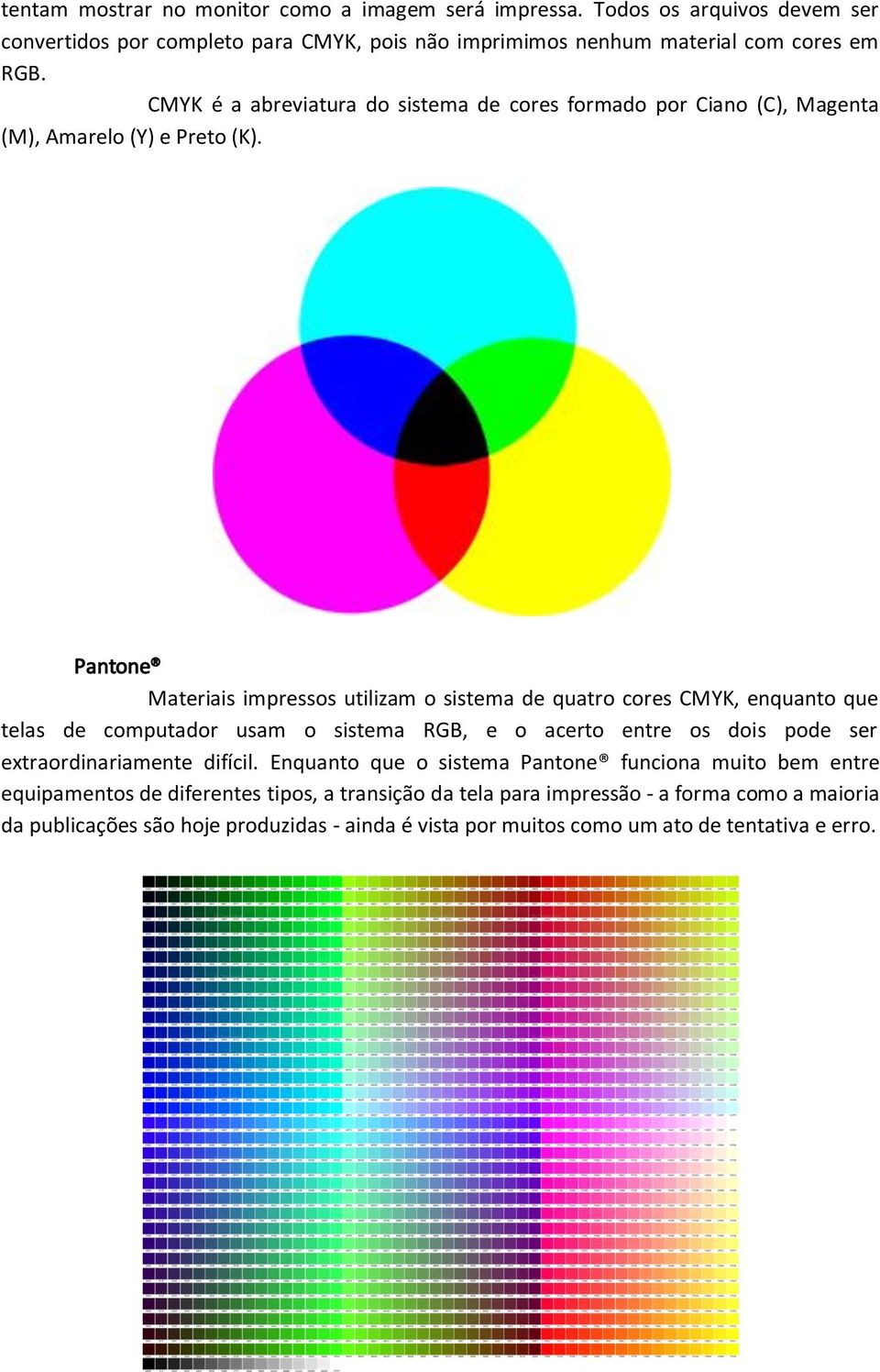 Pantone Materiais impressos utilizam o sistema de quatro cores CMYK, enquanto que telas de computador usam o sistema RGB, e o acerto entre os dois pode ser extraordinariamente