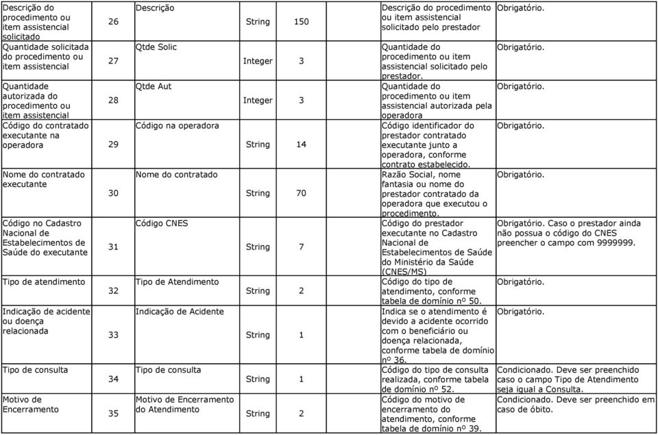 consulta Motivo de Encerramento Descrição 6 50 Qtde Solic 7 Integer 3 Qtde Aut Integer 3 Código na operadora 9 4 Nome do contratado 30 70 Código CNES 3 3 Tipo de Atendimento 7 Indicação de Acidente