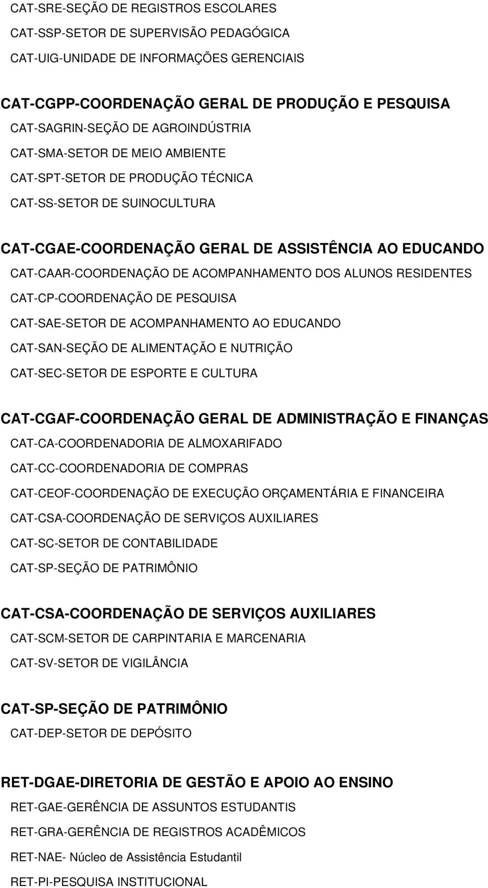 ACOMPANHAMENTO DOS ALUNOS RESIDENTES CAT-CP-COORDENAÇÃO DE PESQUISA CAT-SAE-SETOR DE ACOMPANHAMENTO AO EDUCANDO CAT-SAN-SEÇÃO DE ALIMENTAÇÃO E NUTRIÇÃO CAT-SEC-SETOR DE ESPORTE E CULTURA
