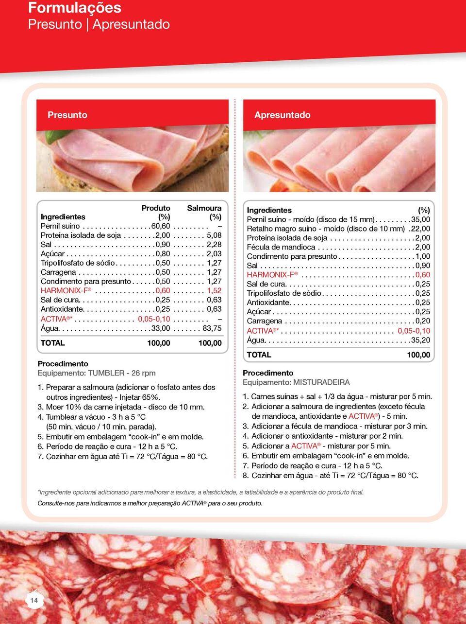 ..83,75 100,00 Equipamento: TUMBLER - 26 rpm 1. Preparar a salmoura (adicionar o fosfato antes dos outros ingredientes) - Injetar 65%. 3. Moer 10% da carne injetada - disco de 10 mm. 4.