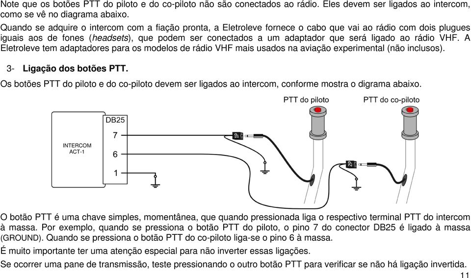 ao rádio VHF. A Eletroleve tem adaptadores para os modelos de rádio VHF mais usados na aviação experimental (não inclusos). 3- Ligação dos botões PTT.