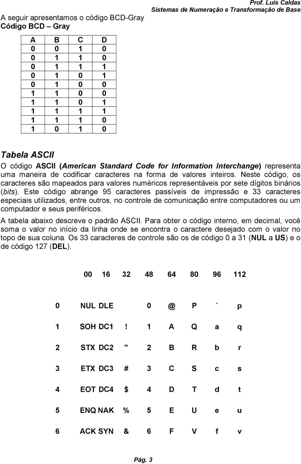 Neste código, os caracteres são mapeados para valores numéricos representáveis por sete dígitos binários (bits).