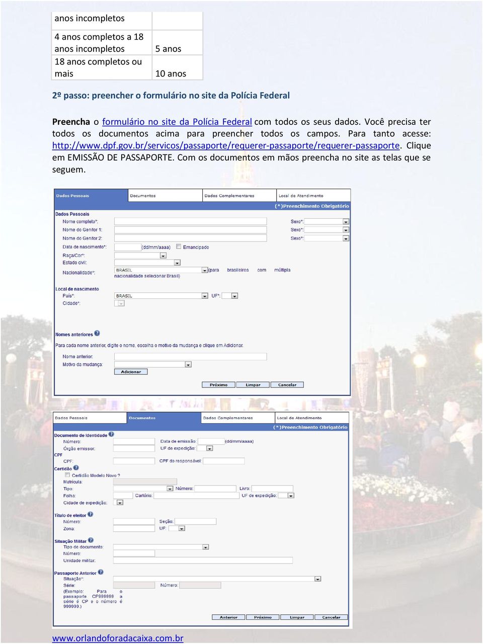 Você precisa ter todos os documentos acima para preencher todos os campos. Para tanto acesse: http://www.dpf.gov.