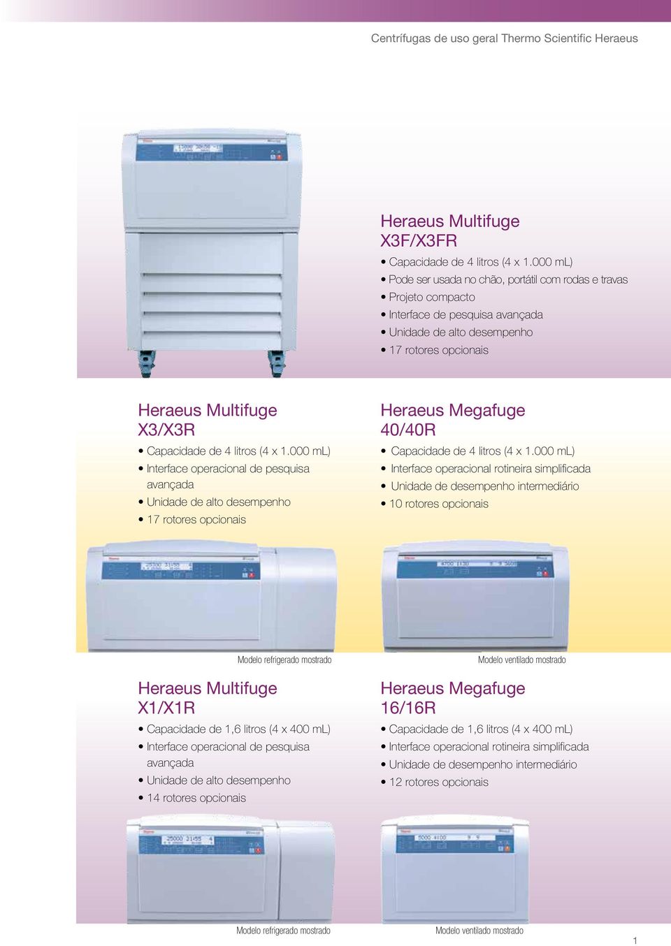 litros (4 x.000 ml) Interface operacional de pesquisa avançada Unidade de alto desempenho 7 rotores opcionais Heraeus Megafuge 40/40R Capacidade de 4 litros (4 x.