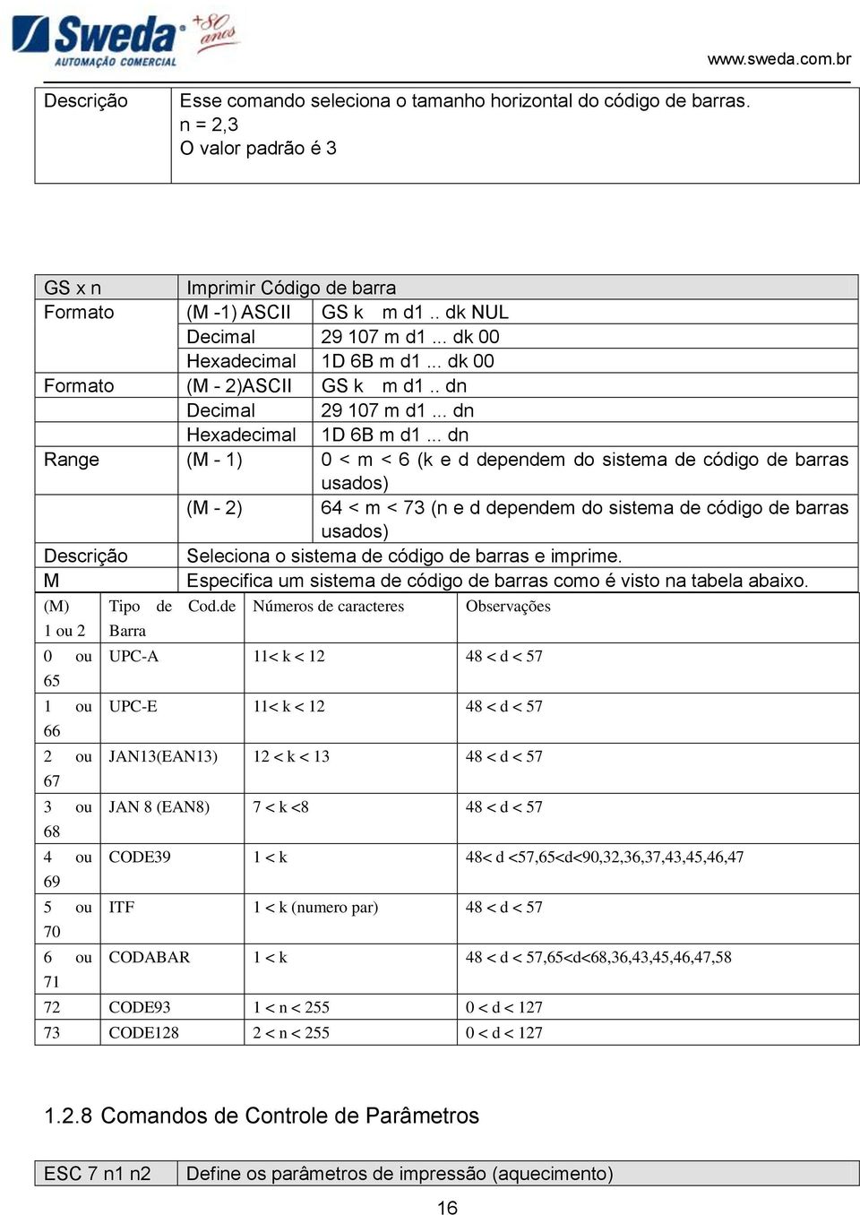 .. dn Range (M - 1) 0 < m < 6 (k e d dependem do sistema de código de barras usados) (M - 2) 64 < m < 73 (n e d dependem do sistema de código de barras usados) Descrição Seleciona o sistema de código