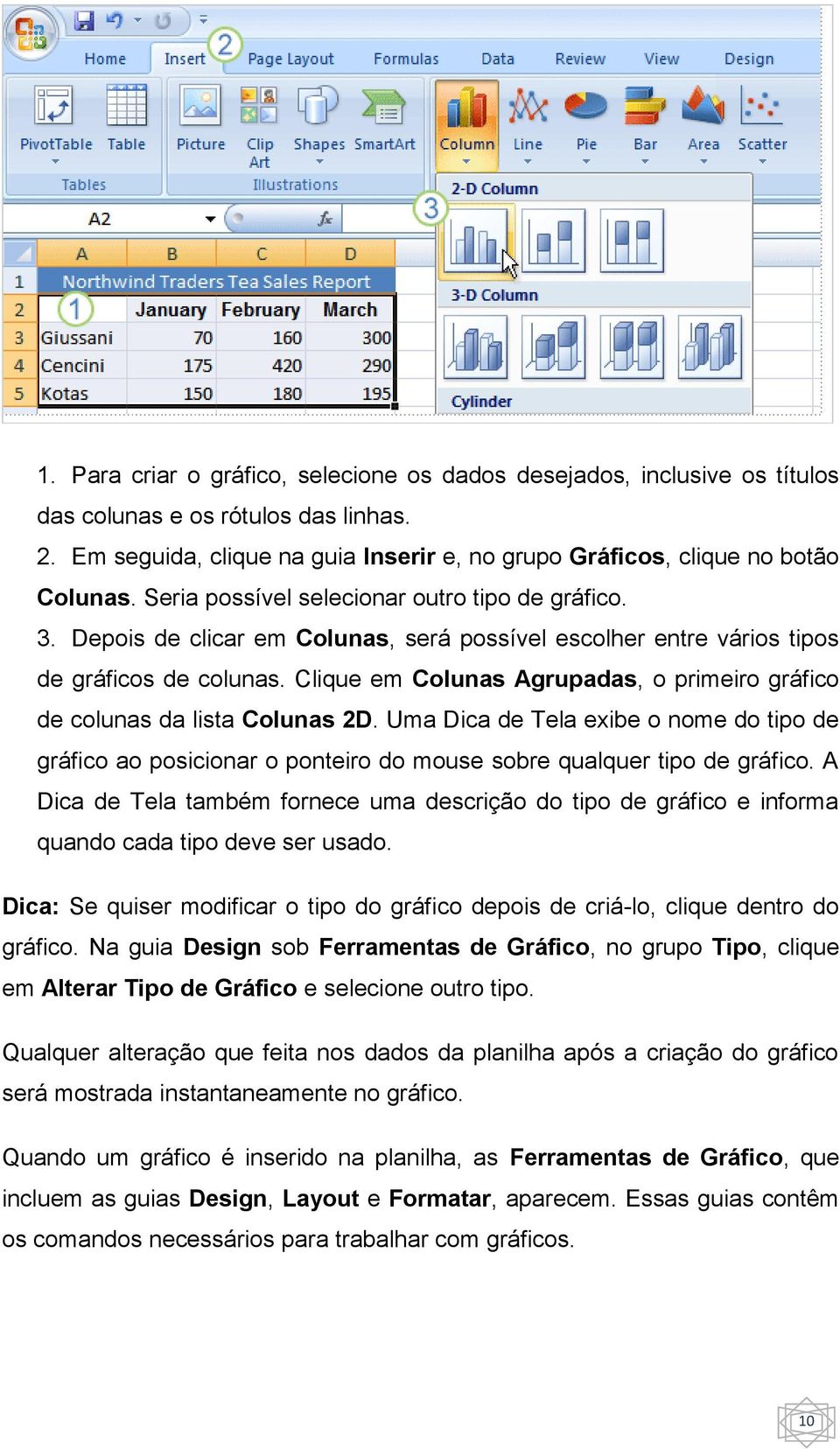 Clique em Colunas Agrupadas, o primeiro gráfico de colunas da lista Colunas 2D. Uma Dica de Tela exibe o nome do tipo de gráfico ao posicionar o ponteiro do mouse sobre qualquer tipo de gráfico.