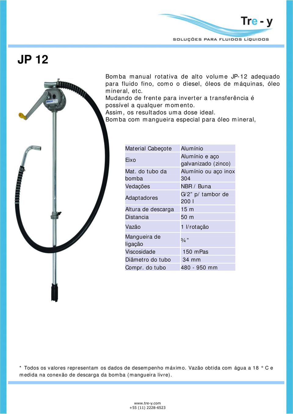 Bomba com mangueira especial para óleo mineral, Material Cabeçote Adaptadores Altura de descarga Distancia Mangueira de ligação Viscosidade