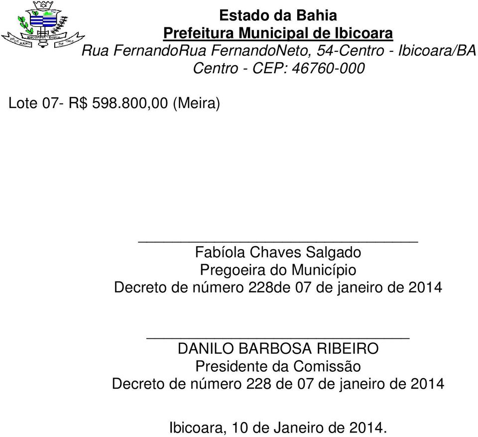 Decreto de número 228de 07 de janeiro de 2014 DANILO BARBOSA