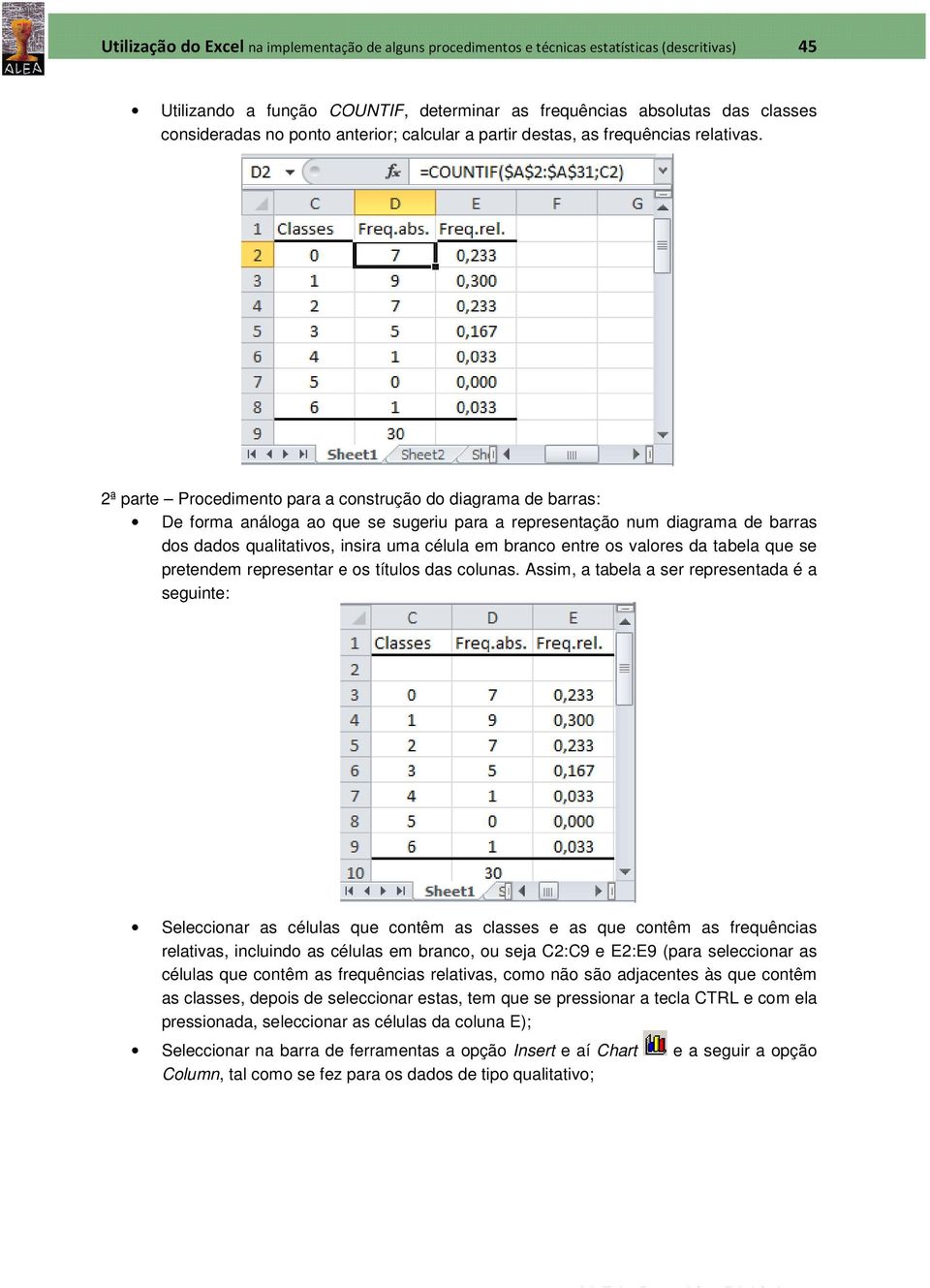 2ª parte Procedimento para a construção do diagrama de barras: De forma análoga ao que se sugeriu para a representação num diagrama de barras dos dados qualitativos, insira uma célula em branco entre