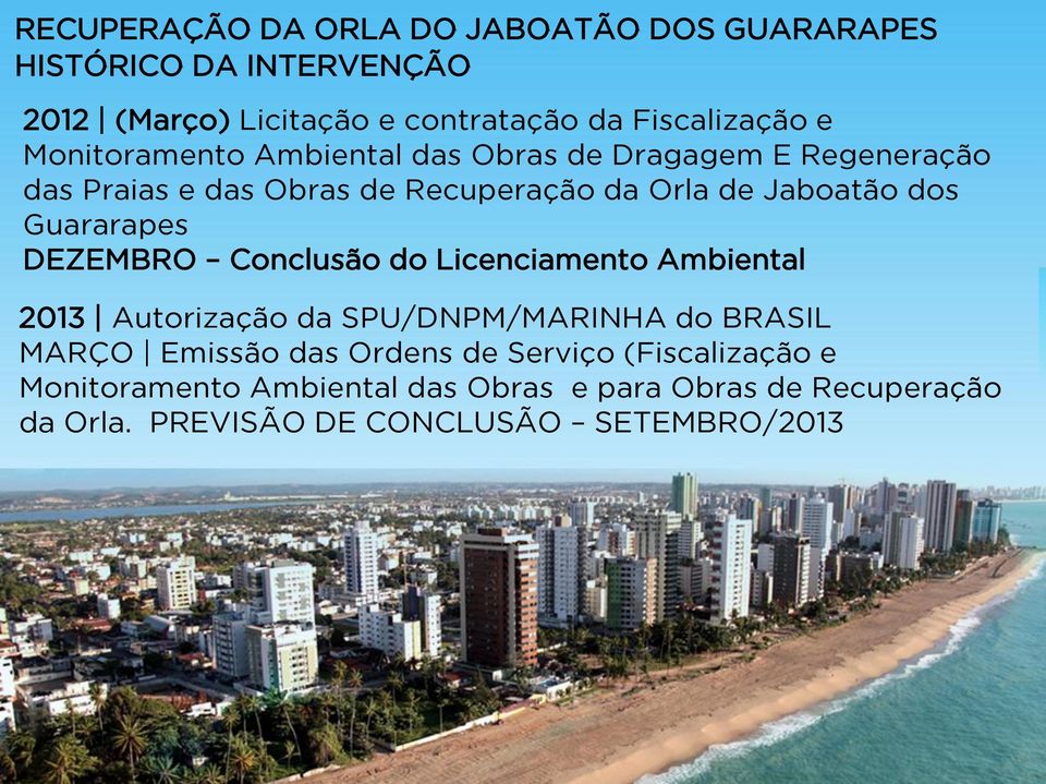 Conclusão do Licenciamento Ambiental 2013 Autorização da SPU/DNPM/MARINHA do BRASIL MARÇO Emissão das Ordens de