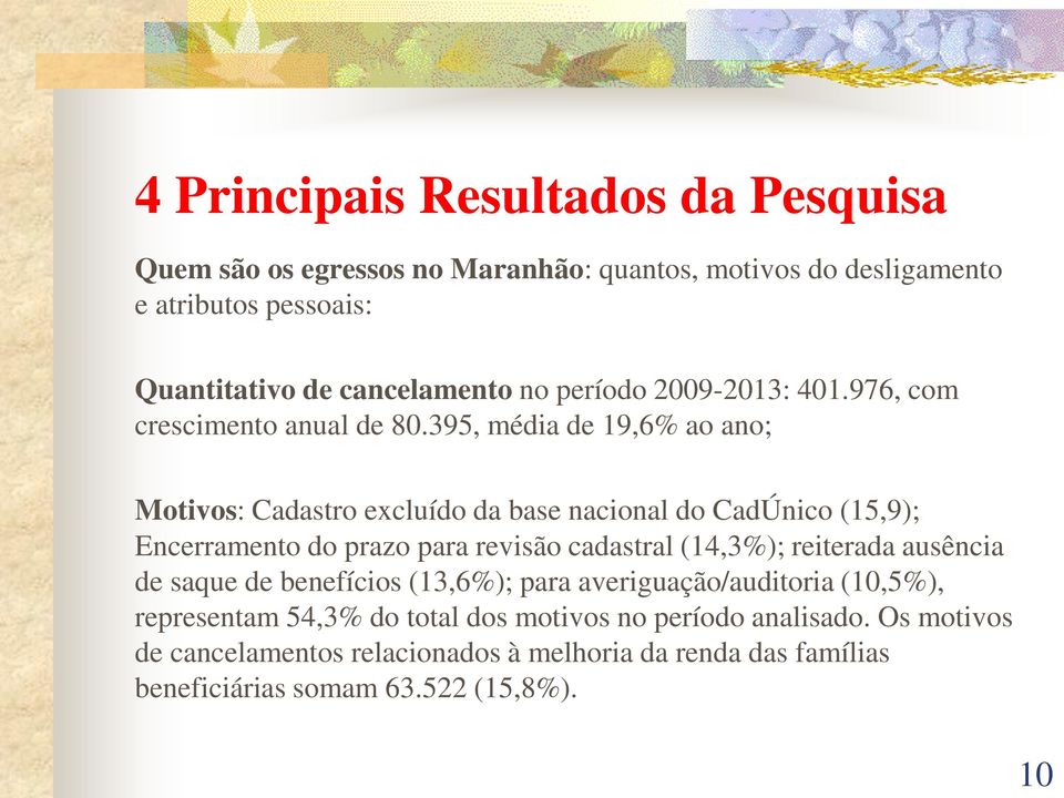 395, média de 19,6% ao ano; Motivos: Cadastro excluído da base nacional do CadÚnico (15,9); Encerramento do prazo para revisão cadastral (14,3%);