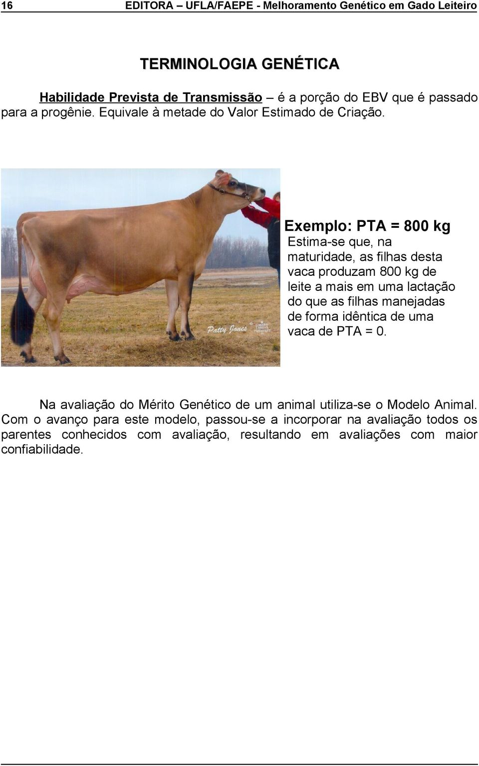 Exemplo: PTA = 800 kg Estima-se que, na maturidade, as filhas desta vaca produzam 800 kg de leite a mais em uma lactação do que as filhas manejadas de forma