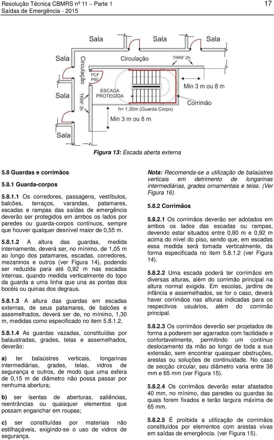 17 Figura 13: Escada aberta externa 5.8 Guardas e corrimãos 5.8.1 Guarda-corpos 5.8.1.1 Os corredores, passagens, vestíbulos, balcões, terraços, varandas, patamares, escadas e rampas das saídas de