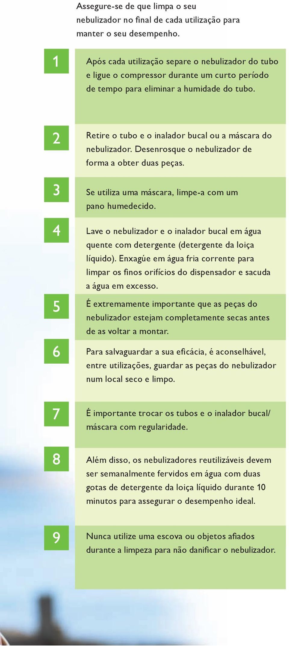 Desenrosque o nebulizador de forma a obter duas peças. Se utiliza uma máscara, limpe-a com um pano humedecido.