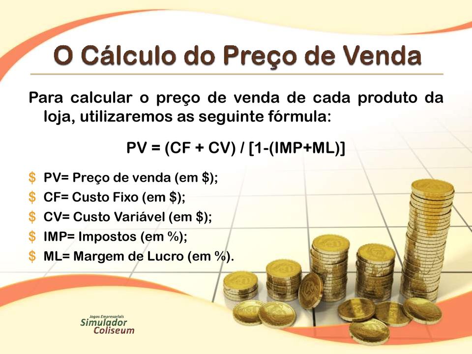 $ CF= Custo Fixo (em $); $ CV= Custo Variável (em $); $ IMP=