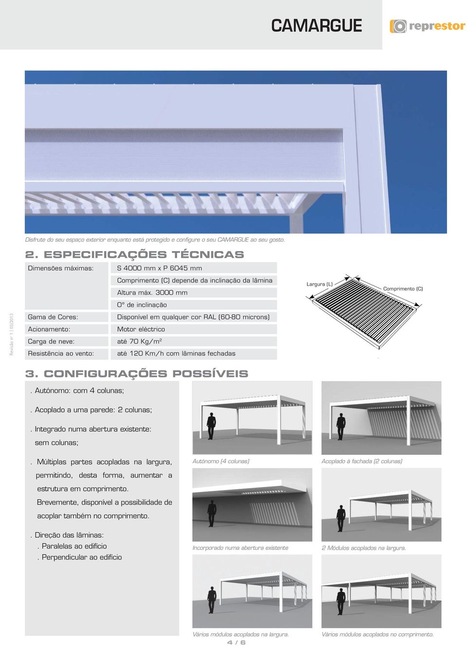 3000 mm 0º de inclinação Largura (L) S Comprimento P (C) Gama de Cores: Disponível em qualquer cor RAL (60-80 microns) Acionamento: Motor eléctrico Carga de neve: até 70 Kg/m 2 Resistência ao vento: