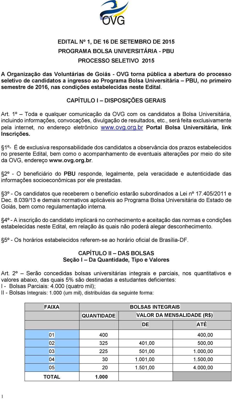 1º Toda e qualquer comunicação da OVG com os candidatos a Bolsa Universitária, incluindo informações, convocações, divulgação de resultados, etc.