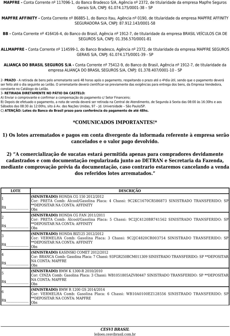 143/0001-58 BB - Conta Corrente nº 416416-4, do Banco do Brasil, Agência nº 1912-7, de titularidade da empresa BRASIL VEÍCULOS CIA DE SEGUROS S/A, CNPJ: 01.356.