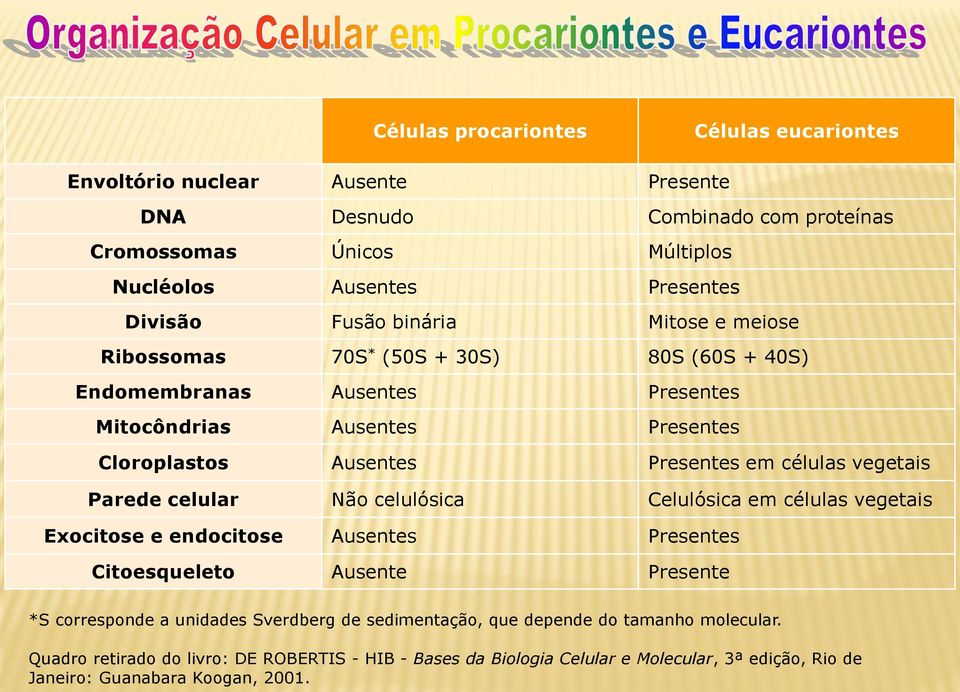 células vegetais Parede celular Não celulósica Celulósica em células vegetais Exocitose e endocitose Ausentes Presentes Citoesqueleto Ausente Presente *S corresponde a unidades