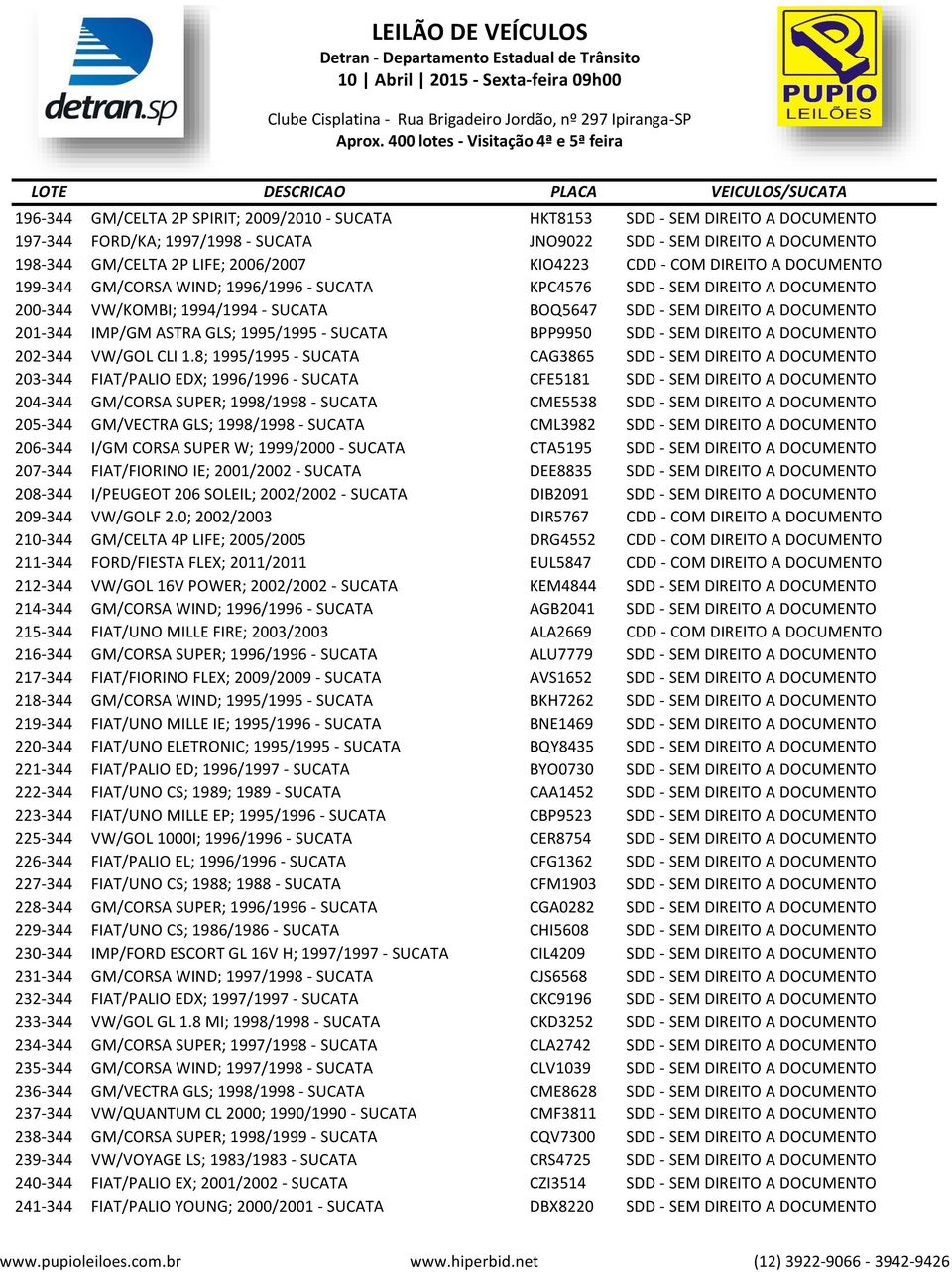 201-344 IMP/GM ASTRA GLS; 1995/1995 - SUCATA BPP9950 SDD - SEM DIREITO A DOCUMENTO 202-344 VW/GOL CLI 1.