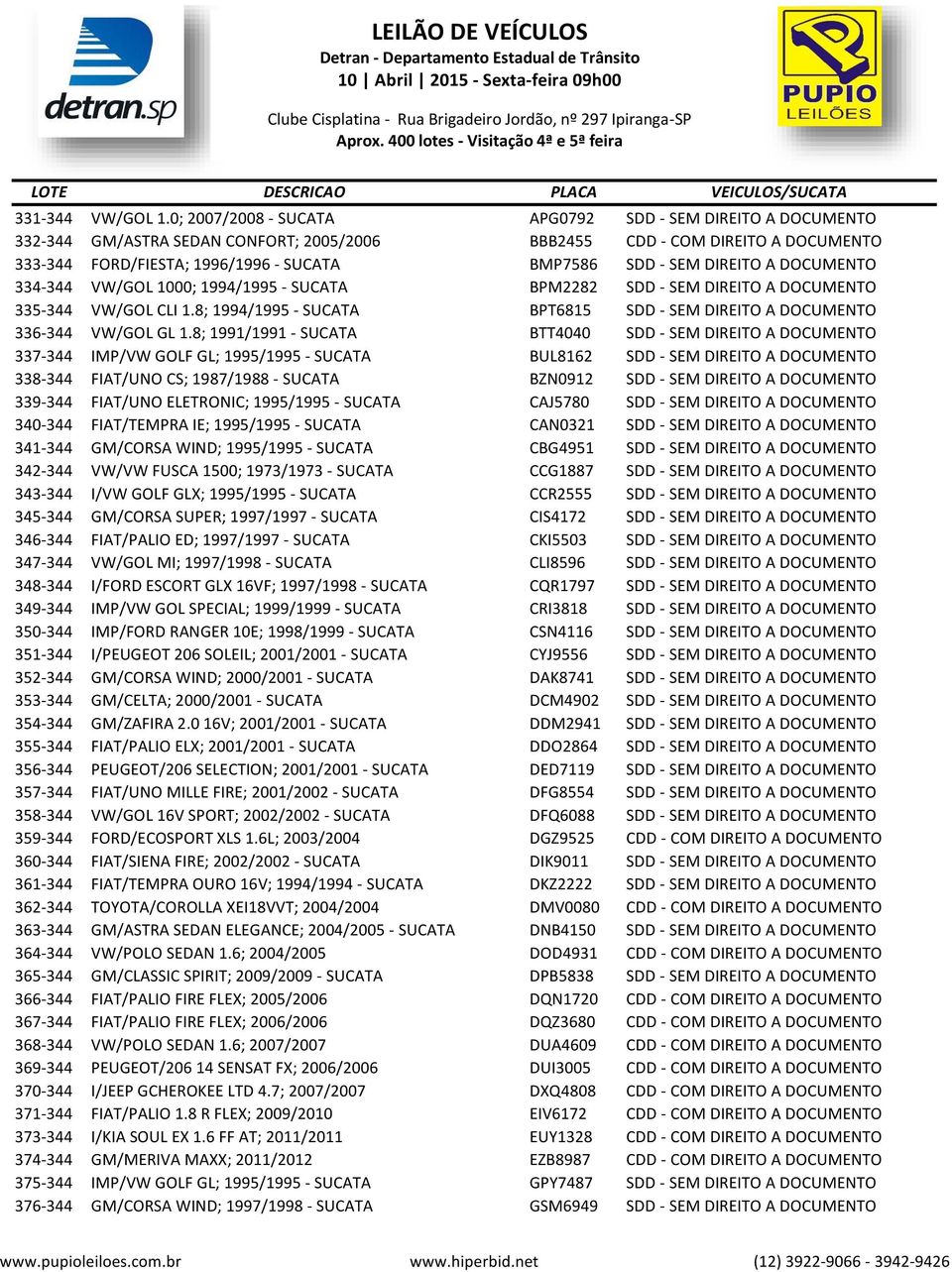 DIREITO A DOCUMENTO 334-344 VW/GOL 1000; 1994/1995 - SUCATA BPM2282 SDD - SEM DIREITO A DOCUMENTO 335-344 VW/GOL CLI 1.8; 1994/1995 - SUCATA BPT6815 SDD - SEM DIREITO A DOCUMENTO 336-344 VW/GOL GL 1.