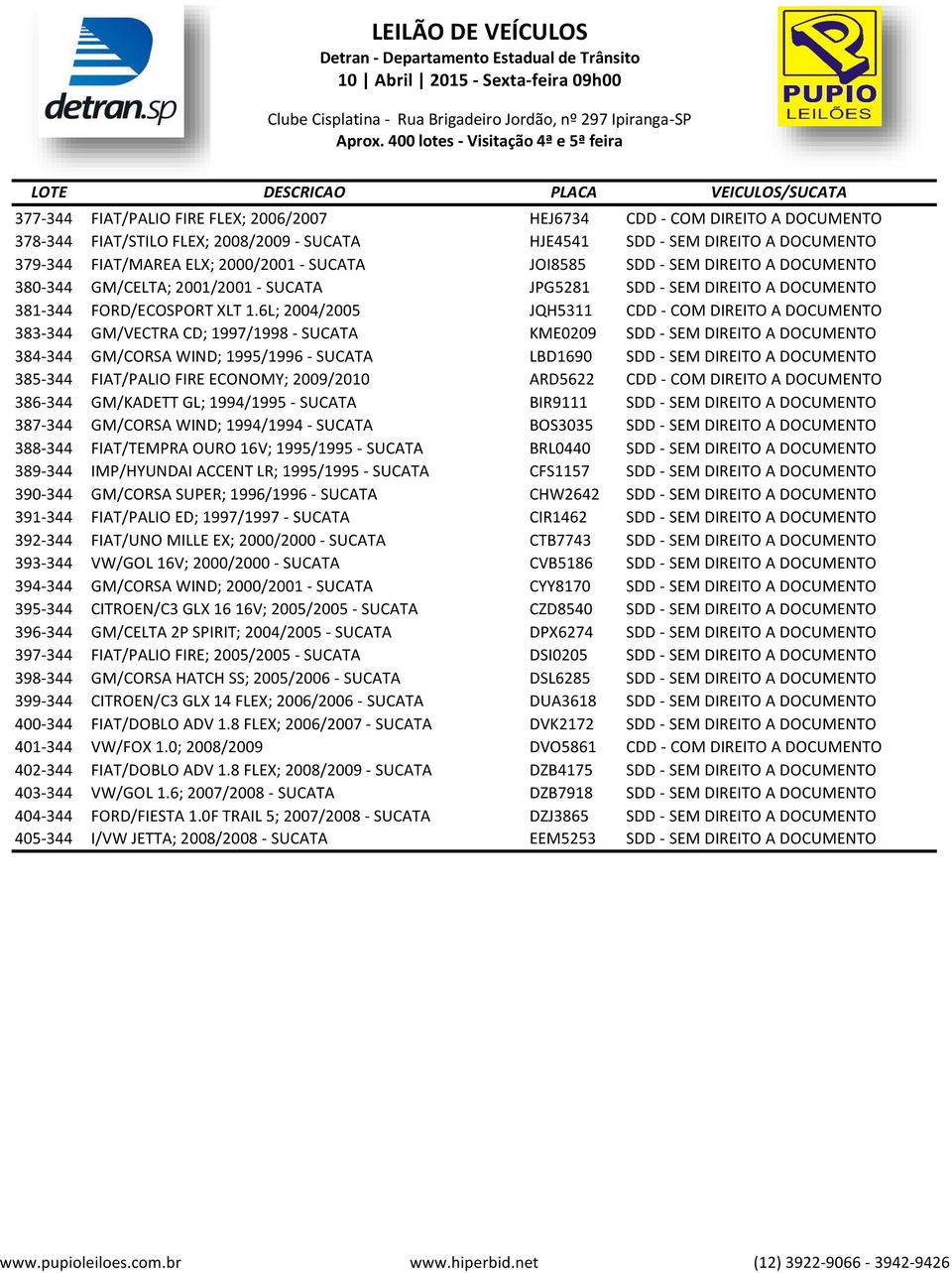 6L; 2004/2005 JQH5311 CDD - COM DIREITO A DOCUMENTO 383-344 GM/VECTRA CD; 1997/1998 - SUCATA KME0209 SDD - SEM DIREITO A DOCUMENTO 384-344 GM/CORSA WIND; 1995/1996 - SUCATA LBD1690 SDD - SEM DIREITO