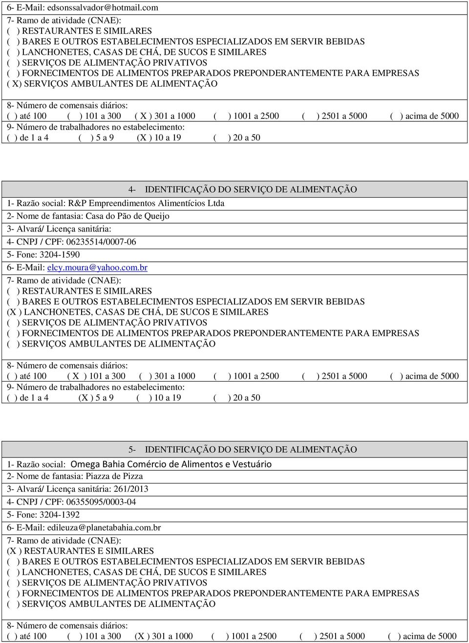 IDENTIFICAÇÃO DO SERVIÇO DE ALIMENTAÇÃO 1- Razão social: R&P Empreendimentos Alimentícios Ltda 2- Nome de fantasia: Casa do Pão de Queijo 3- Alvará/ Licença sanitária: 4- CNPJ / CPF: 06235514/0007-06