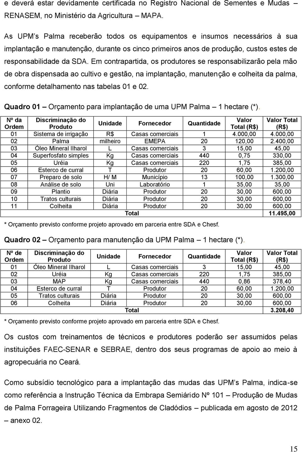 Em contrapartida, os produtores se responsabilizarão pela mão de obra dispensada ao cultivo e gestão, na implantação, manutenção e colheita da palma, conforme detalhamento nas tabelas 01 e 02.