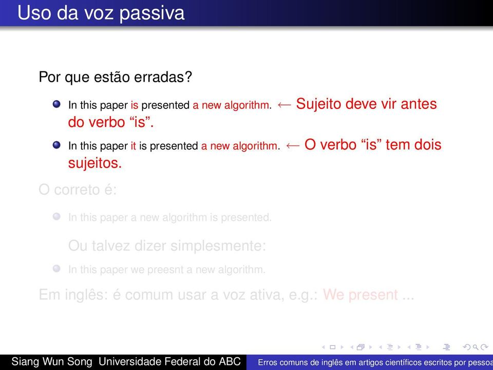 O verbo is tem dois sujeitos. O correto é: In this paper a new algorithm is presented.