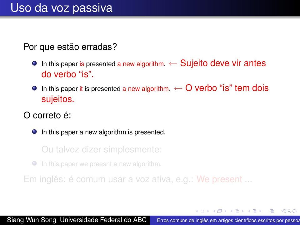 O verbo is tem dois sujeitos. O correto é: In this paper a new algorithm is presented.