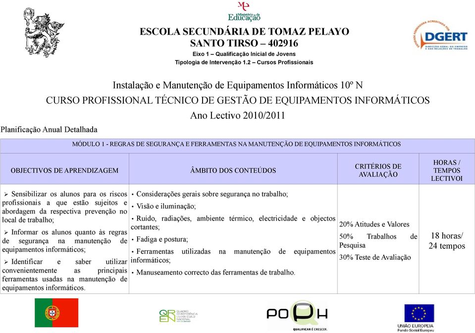 Informar os alunos quanto às regras de segurança na manutenção de equipamentos informáticos; Identificar e saber utilizar convenientemente as principais ferramentas usadas na manutenção de