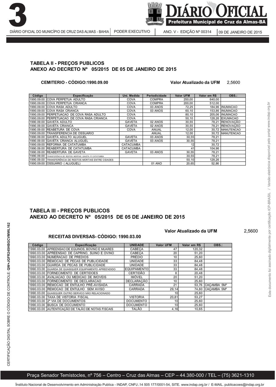 09.00 PERPETUACAO DE COVA RASA CRIANCA COVA 50,10 128,26 EXUMACAO 1990.09.00 GAVETA ADULTO GAVETA 02 ANOS 30,55 78,21 RENOVAÇÃO 1990.09.00 GAVETA CRIANCA GAVETA 02 ANOS 30,55 78,21 RENOVAÇÃO 1990.09.00 REABETURA DE COVA COVA ANUAL 12,00 30,72 MANUTENCAO 1990.