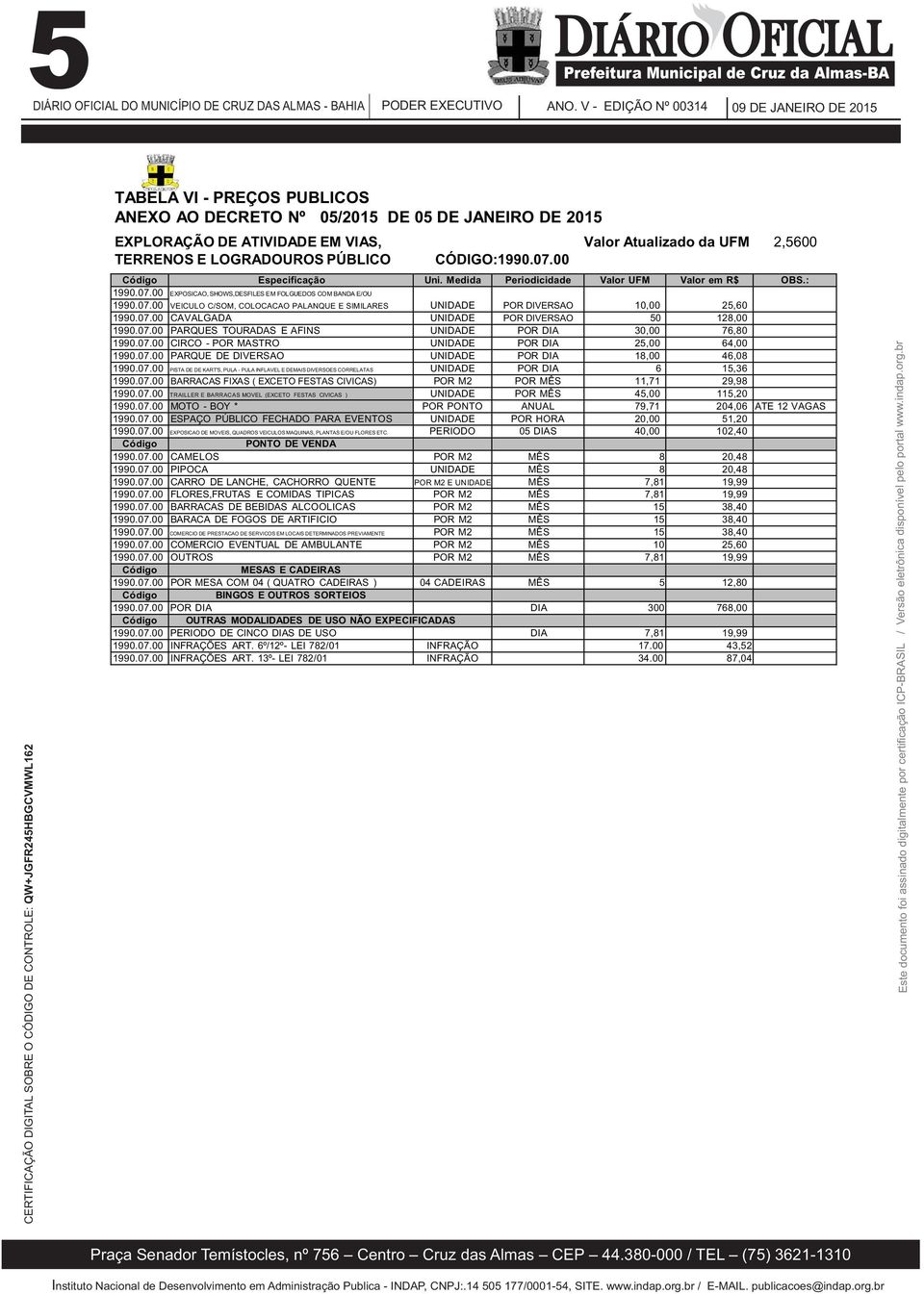 07.00 CAVALGADA UNIDADE POR DIVERSAO 50 128,00 1990.07.00 PARQUES TOURADAS E AFINS UNIDADE POR DIA 30,00 76,80 1990.07.00 CIRCO - POR MASTRO UNIDADE POR DIA 25,00 64,00 1990.07.00 PARQUE DE DIVERSAO UNIDADE POR DIA 18,00 46,08 1990.