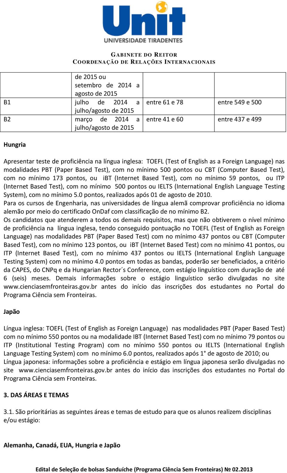 mínimo 173 pontos, ou ibt (Internet Based Test), com no mínimo 59 pontos, ou ITP (Internet Based Test), com no mínimo 500 pontos ou IELTS (International English Language Testing System), com no