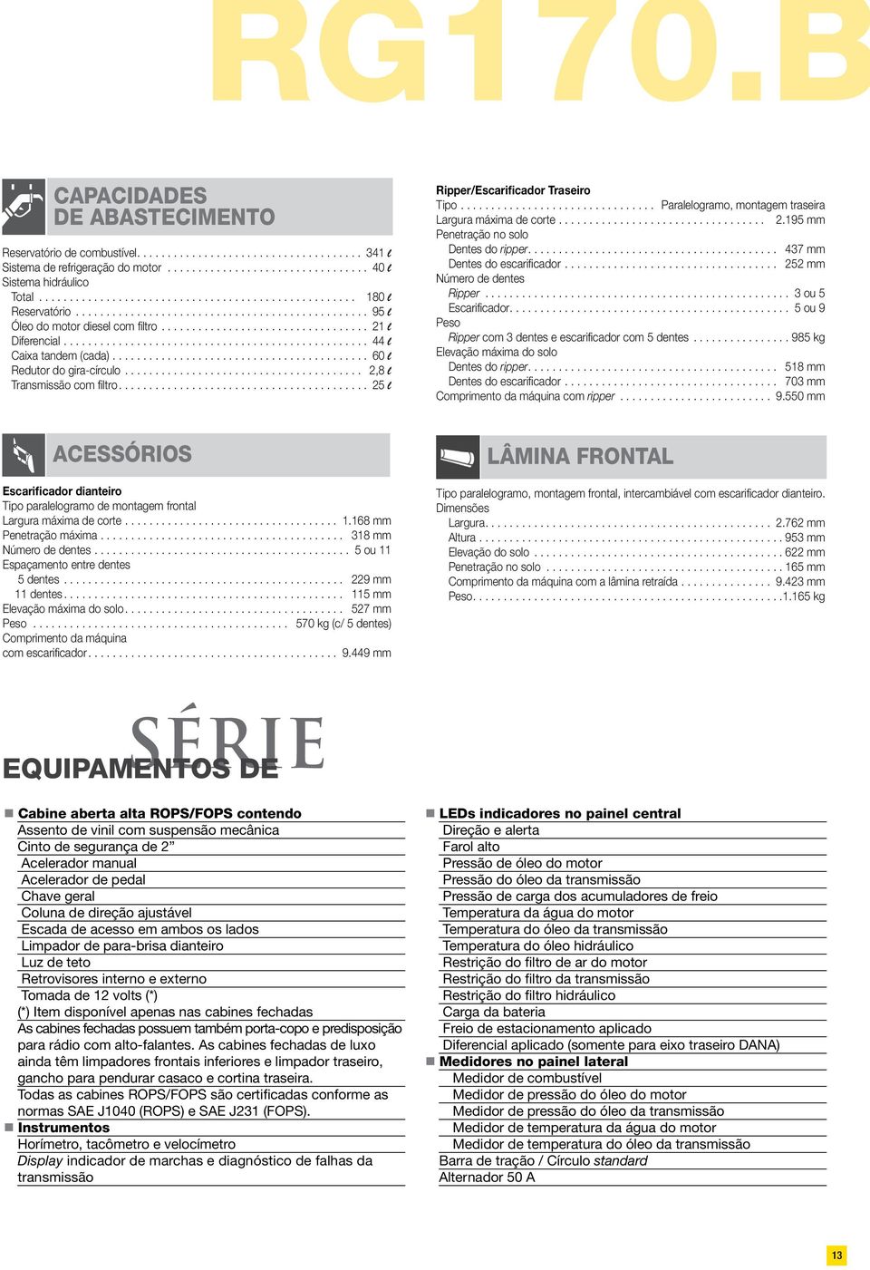 .. Paralelogramo, montagem traseira Largura máxima de corte... 2.195 mm Penetração no solo Dentes do ripper... 437 mm Dentes do escarificador... 252 mm Número de dentes Ripper... 3 ou 5 Escarificador.