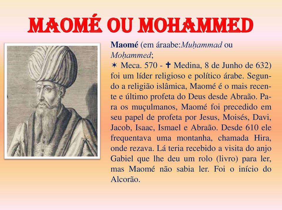 Para os muçulmanos, Maomé foi precedido em seu papel de profeta por Jesus, Moisés, Davi, Jacob, Isaac, Ismael e Abraão.