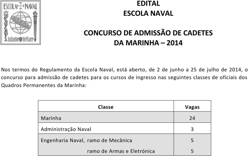 para os cursos de ingresso nas seguintes classes de oficiais dos Quadros Permanentes da Marinha: