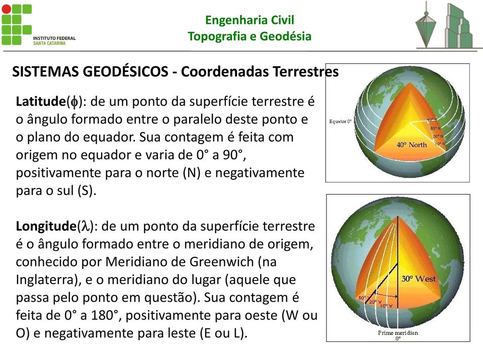 Longitude(λ): de um ponto da superfície terrestre é o ângulo formado entre o meridiano de origem, conhecido por Meridiano de Greenwich (na Inglaterra), e