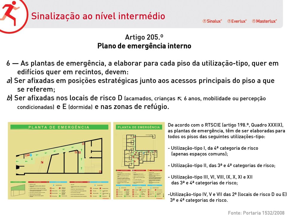 acessos principais do piso a que se referem; b) Ser afixadas nos locais de risco D (acamados, crianças 6 anos, mobilidade ou percepção condicionadas) e E (dormida) e nas zonas de refúgio.