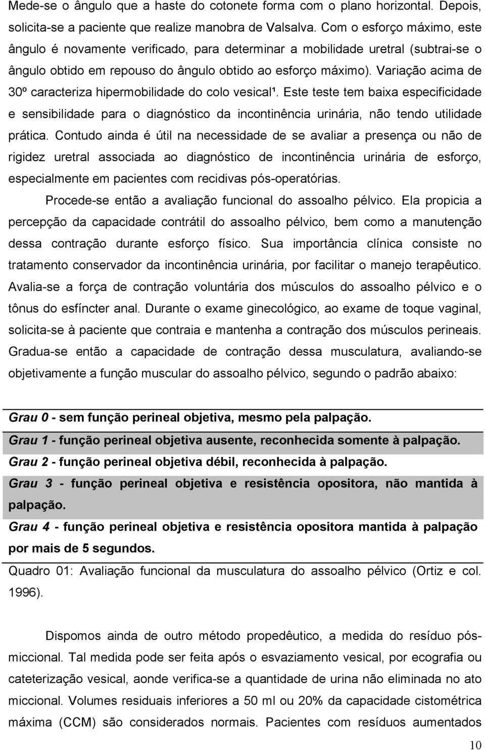 Variação acima de 30º caracteriza hipermobilidade do colo vesical¹. Este teste tem baixa especificidade e sensibilidade para o diagnóstico da incontinência urinária, não tendo utilidade prática.