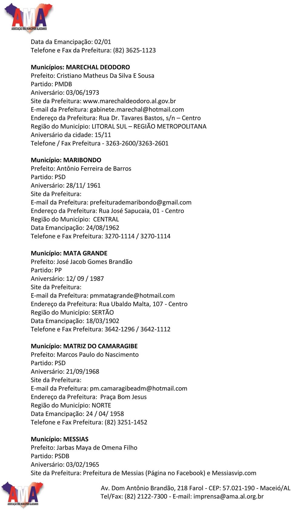 Tavares Bastos, s/n Centro Região do Município: LITORAL SUL REGIÃO METROPOLITANA Aniversário da cidade: 15/11 Telefone / Fax Prefeitura - 3263-2600/3263-2601 Município: MARIBONDO Prefeito: Antônio