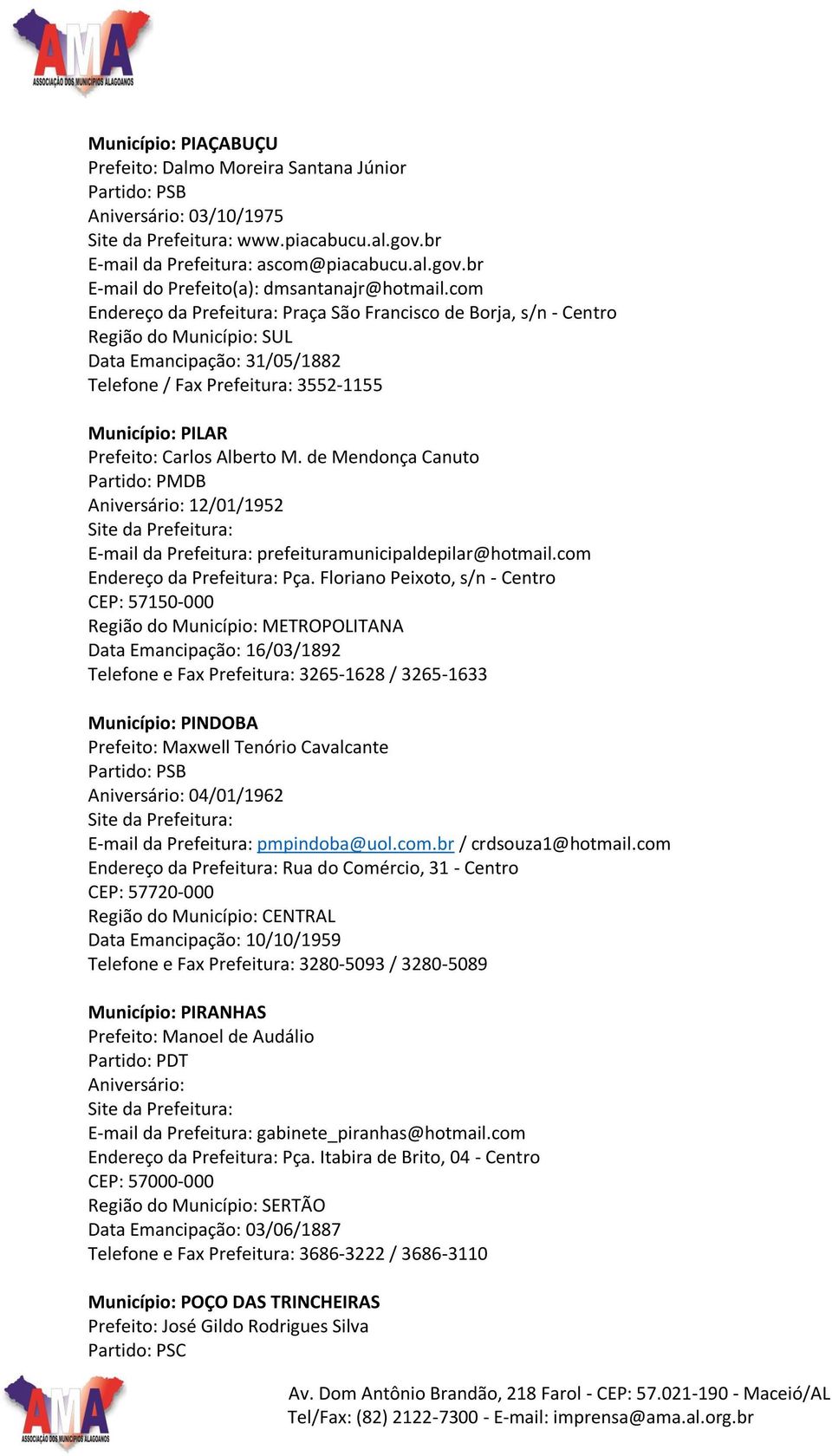 Alberto M. de Mendonça Canuto Aniversário: 12/01/1952 E-mail da Prefeitura: prefeituramunicipaldepilar@hotmail.com Endereço da Prefeitura: Pça.