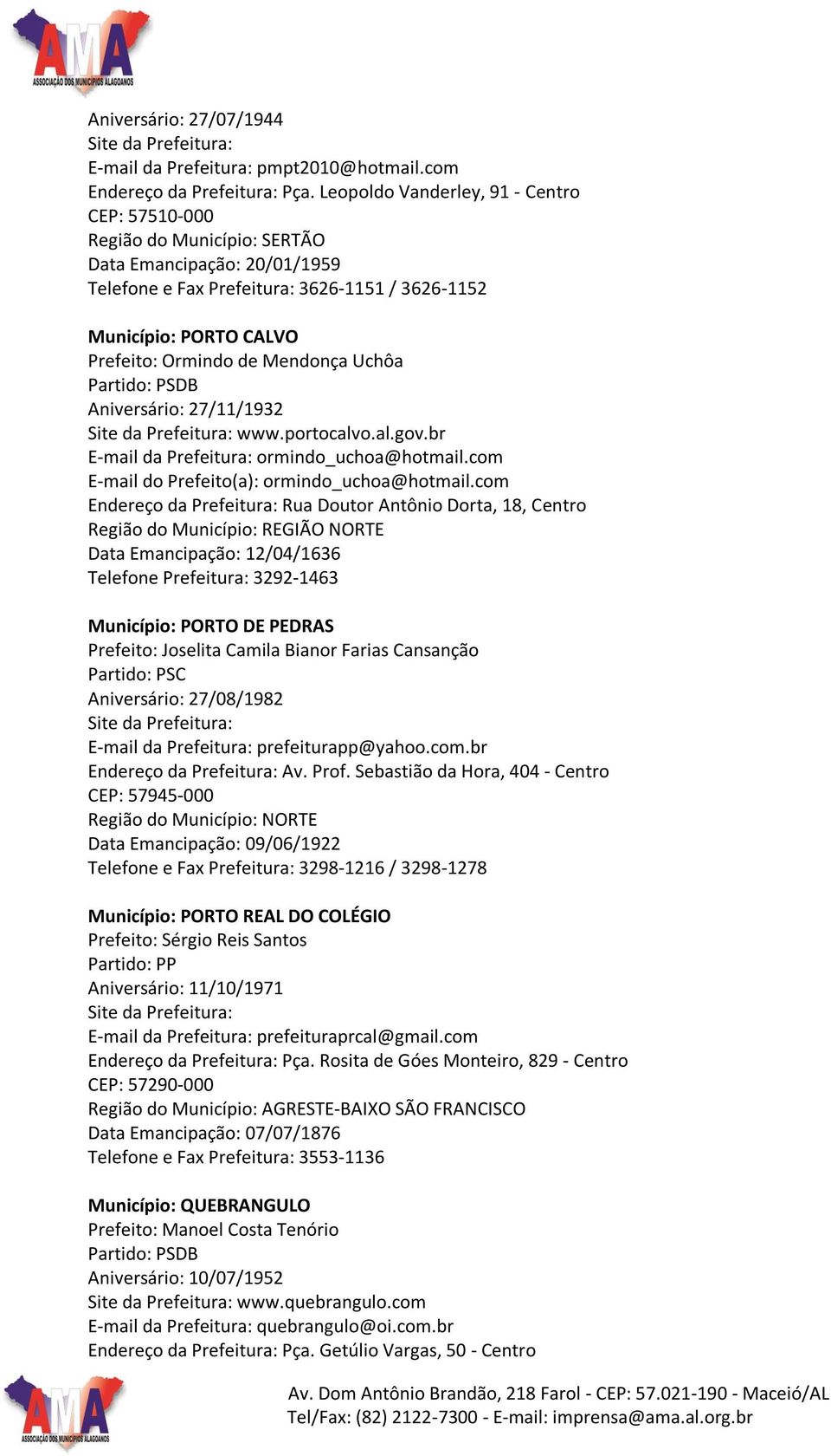 27/11/1932 www.portocalvo.al.gov.br E-mail da Prefeitura: ormindo_uchoa@hotmail.com E-mail do Prefeito(a): ormindo_uchoa@hotmail.